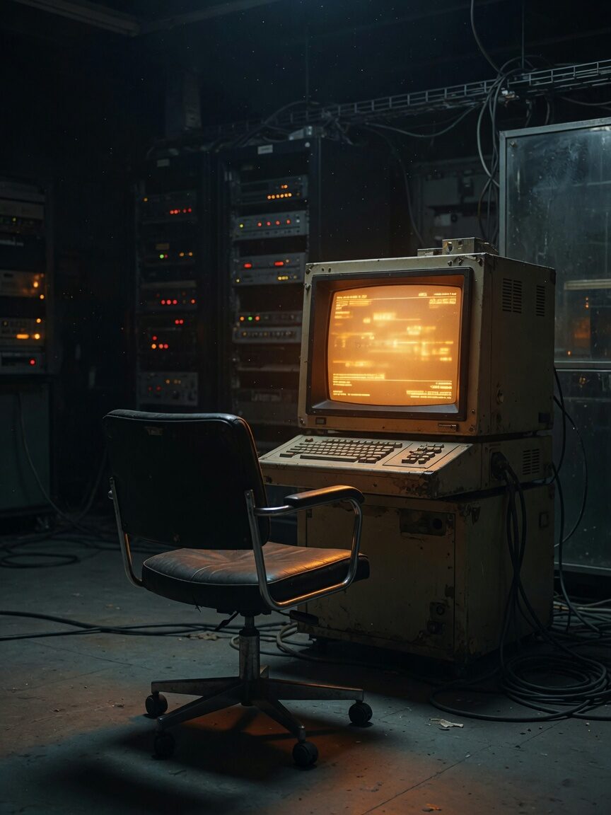 Empty office chair facing a glowing amber terminal in a dark machine room.