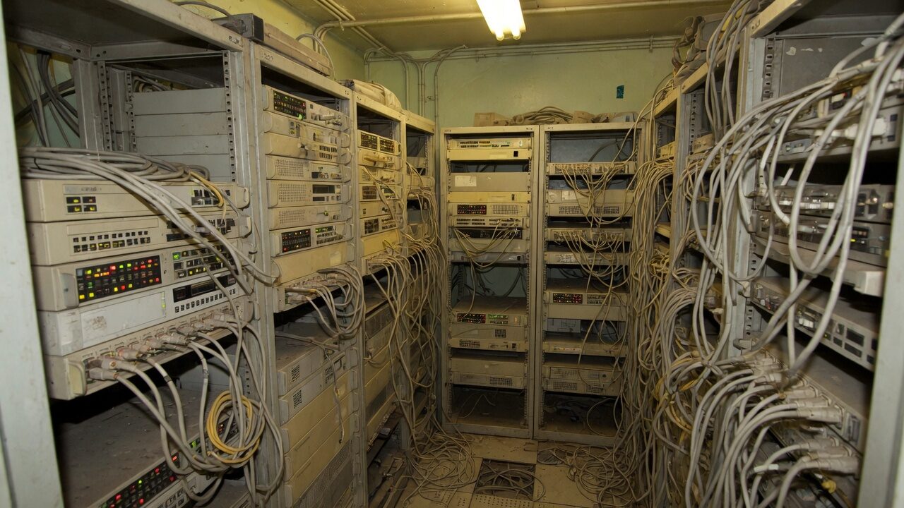 Cramped 1990s server closet, beige towers, blinking LEDs, gray cables everywhere.