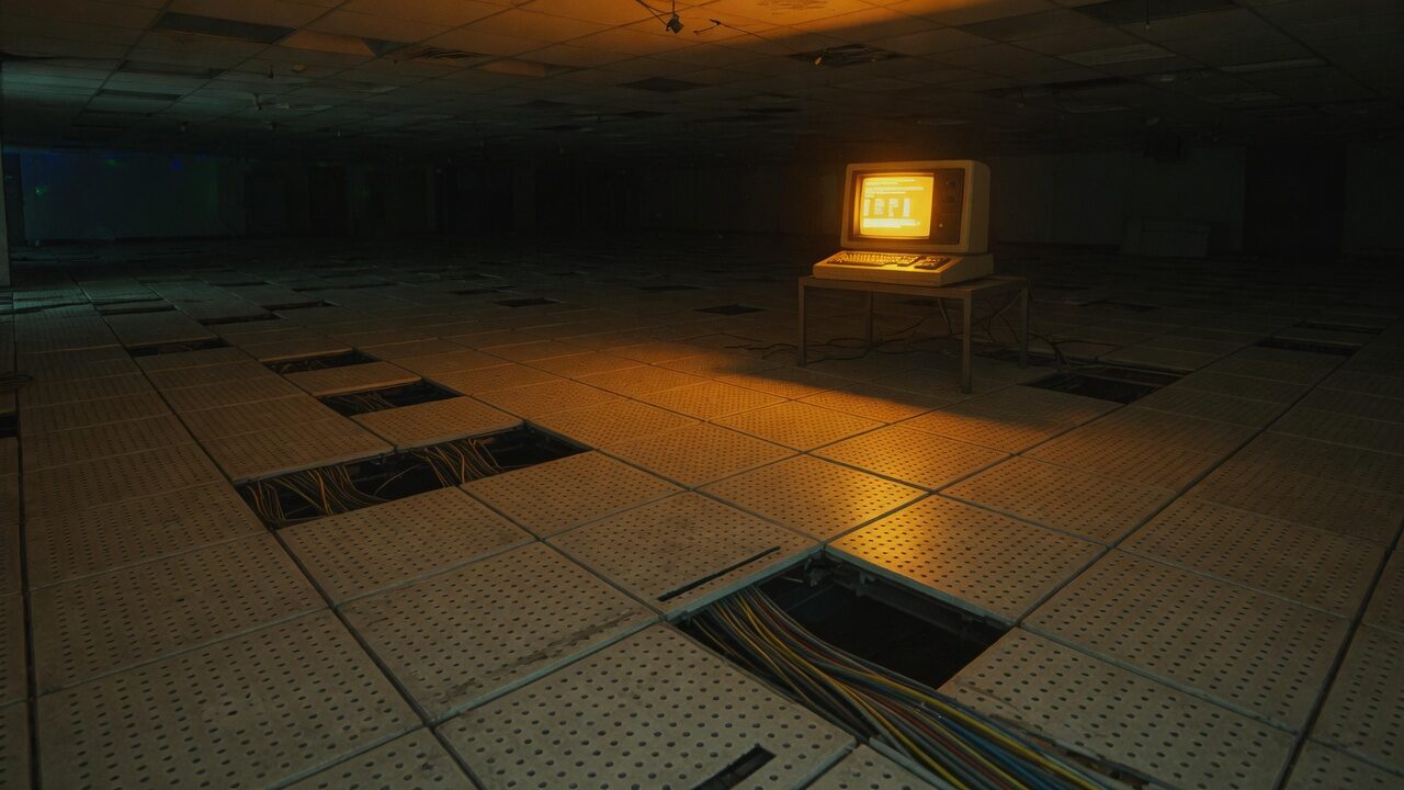 Raised-floor computer room at night, perforated tiles, a distant amber terminal glow.