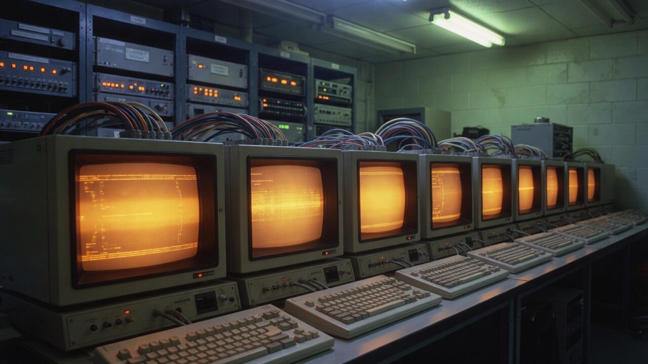 A row of vintage amber CRT terminals on a metal bench, beige keyboards, racks of old hardware behind them.