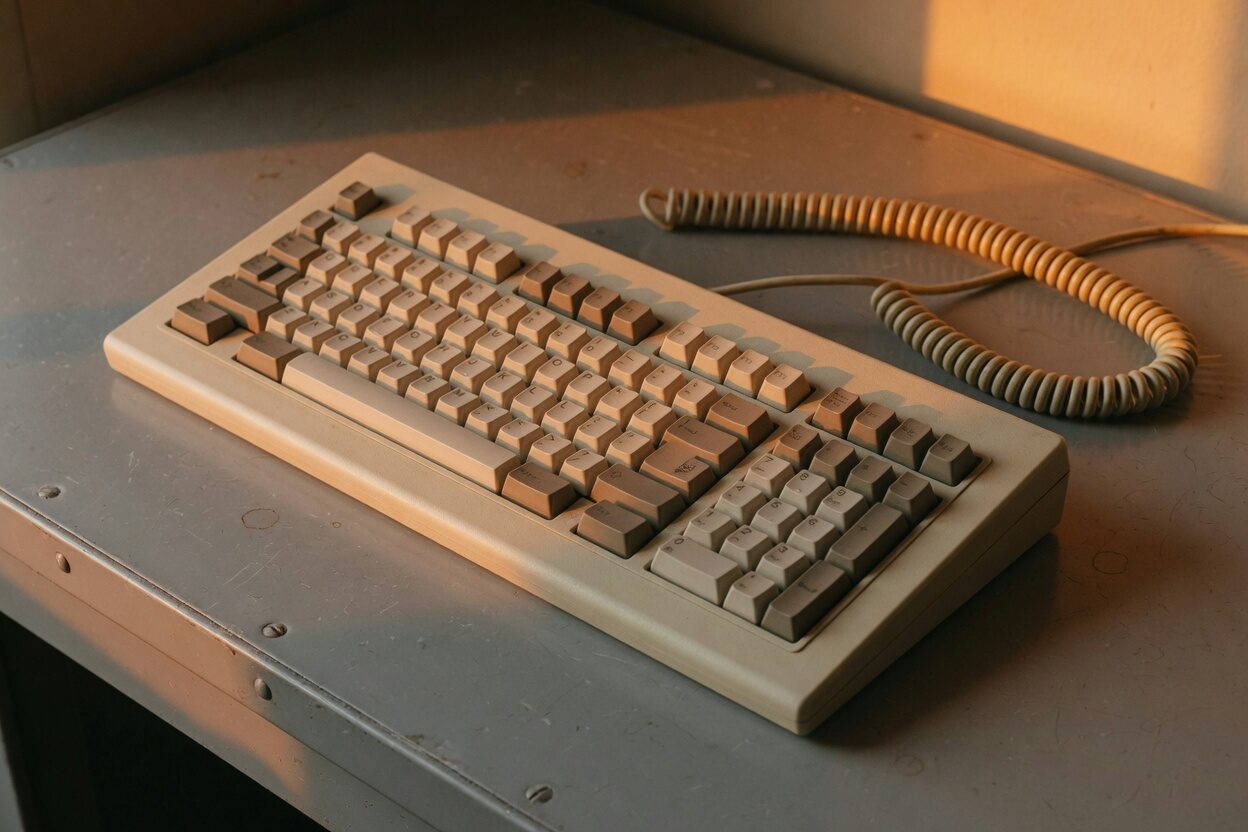 Beige 1980s keyboard with a coiled cable on a metal desk in amber light.