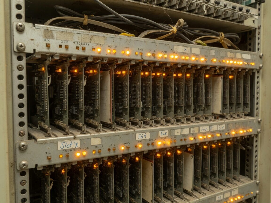 Vintage 19-inch rack of old modem cards with blinking amber LEDs, dusty metal.