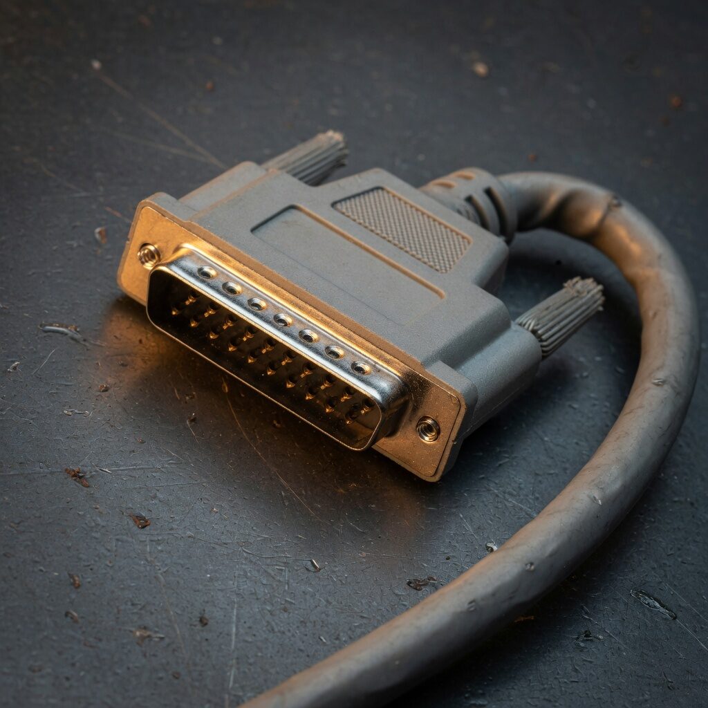 DB-25 serial connector and a thick gray cable on scratched metal.